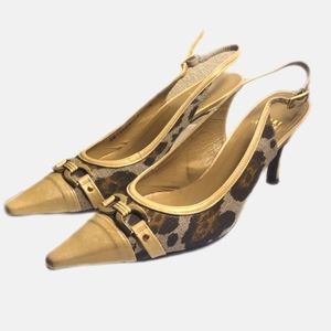 Vintage Stuart Weitzman tan and animal print buckle strap pumps- 7M